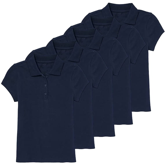 5-Pack Girl's 3-Button Short Sleeve Stretch Pique Polo Shirts School Uniform (4-20)