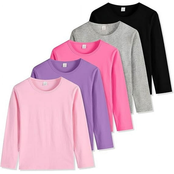 5-Pack Girls' Long Sleeve Shirts Kids Basic Long Sleeve Tees Toddlers' Crew Neck Soft Fall Tops