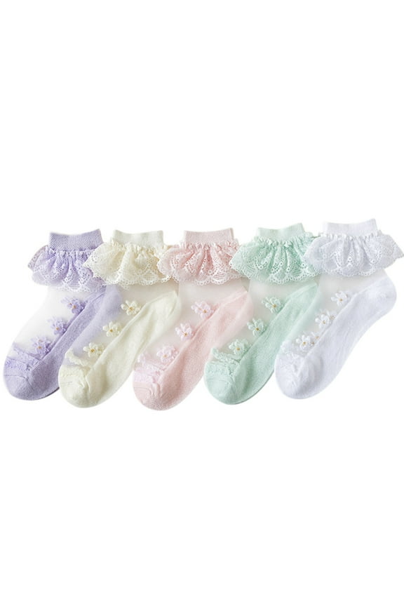 5 Pack Girls Ruffle Socks Frilly Double Lace Socks Cotton Turn Cuff Socks Toddler Pageant Socks for Girls