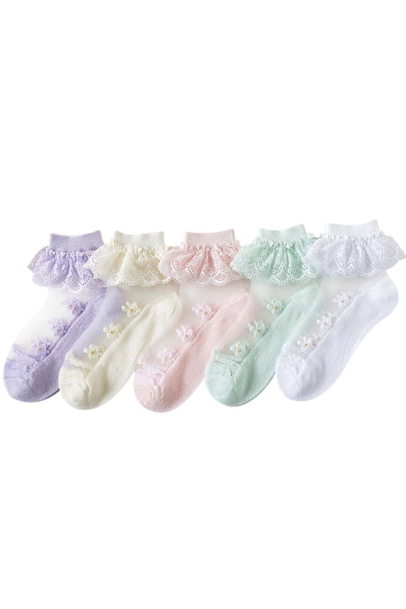 5 Pack Girls Ruffle Socks Frilly Double Lace Socks Cotton Turn Cuff Socks Toddler Pageant Socks for Girls