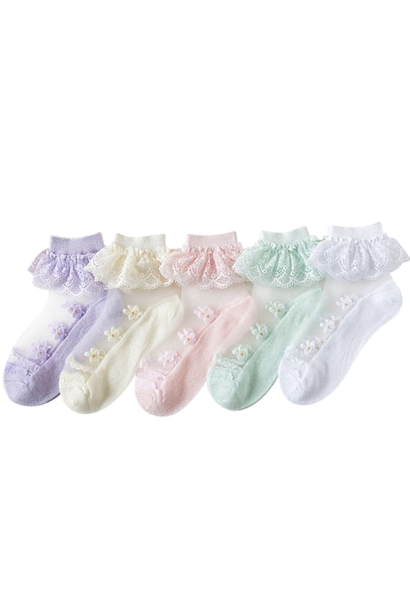 5 Pack Girls Ruffle Socks Frilly Double Lace Socks Cotton Turn Cuff Socks Toddler Pageant Socks for Girls