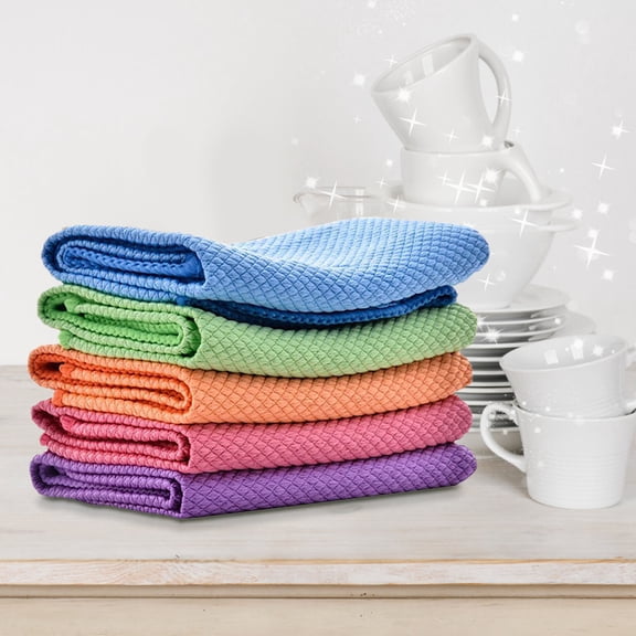 5 Pack Glass Cleaning Cloth - Thickened Kitchen Cleaning Towel with Fish Scale Texture - Absorbent Table Cloth Scouring Pad for Dishes Windows Car Interior - Multipurpose Household Cleaning Rags