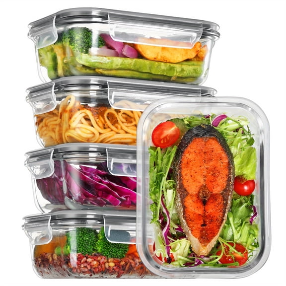 5-Pack Glass Food Storage Containers with Lids, Airtight Meal Prep Containers with Snap Lids for Microwave, Oven, Freezer and Dishwasher