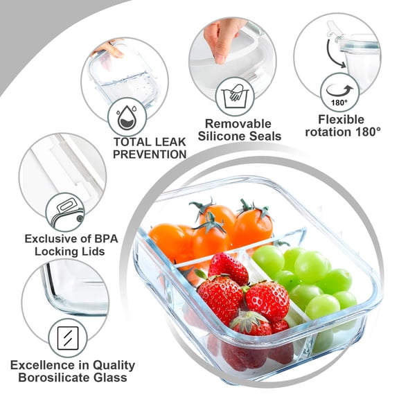5 Pack Glass Meal Prep Containers 3 Compartment Set 36oz Airtight Lunch Food Storage With Lids For Microwave Oven Freezer & Dishwasher Friendly White