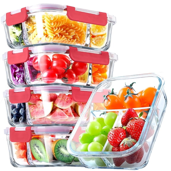 5 Pack Glass Meal Prep Containers 3 Compartment Set 36OZ Airtight Lunch Boxes with Lids Microwave Oven Freezer Safe Durable Food Storage