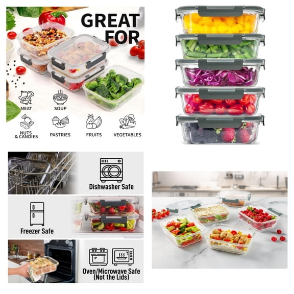 5 Pack Glass Meal Prep Containers with Lids - Airtight, Premium Borosilicate Glass Food Storage Containers - Microwave, Freezer & Oven Safe, BPA Free - Gray