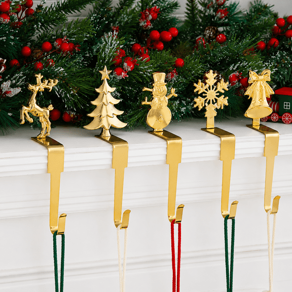 5-Pack Gold Metal Christmas Stocking Holders for Mantle, Non-Slip Stocking Hangers for Fireplace Holiday Decor