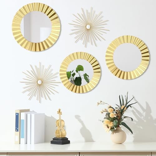 5 Pack Gold Metal Mirrors for Wall Gold Starburst Sunburst Wall Decor Set Metal Round Mirrors Decor Hanging Art Circle for Living Room Bathroom Bedroom Modern Decorative Gifts