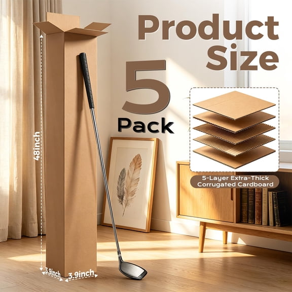 5 Pack Golf Club Shipping Boxes, 48x4x4 Inch Tall Corrugated Cardboard Boxes for Golf Clubs, Pool Cues, Ski Poles, Shipping Packaging Moving Mailing