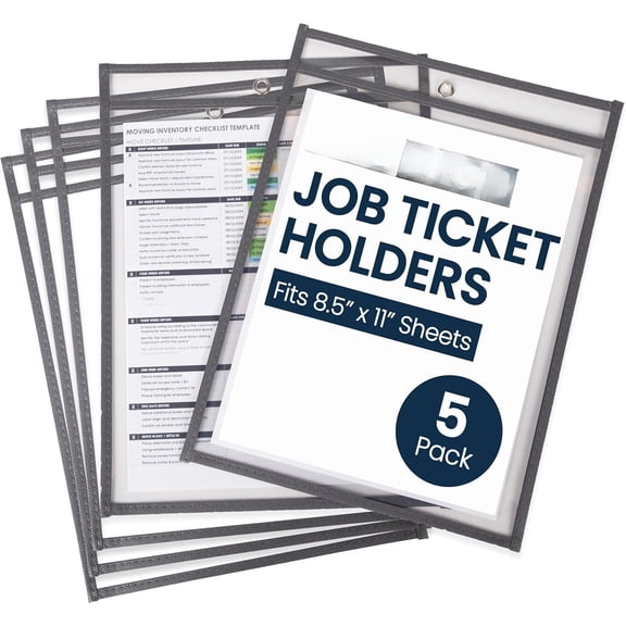- 5 Pack, Gray, Job Ticket Holders, 10" Wide x 13.5" Tall - Clear Plastic Shop Ticket Holders - Easy to Use,  & Easy Erase Plastic Invoice Holders, Water-Resistant & Durable