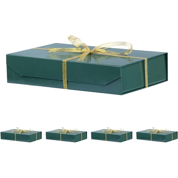 5 Pack Green Gift Boxes with Lids - Small 12 x 8 x 2.7 Inches Clothes Gift Boxes for Presents and Shirts - Magnetic Boxes with Ribbon - Bulk Cute Packaging Boxes (Glossy Surface)
