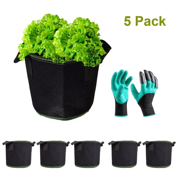 5 Pack Grow Bags 5 Gallon Plant Pots Thickened Hemming Process Non-Woven Fabric Grow Bag with Handles and 1 Pair Garden Gloves