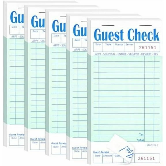 5 Pack Guest Check Books, Note Pads for Restaurant, Green Waiter Checkbook, Waitress Notepad, Food Receipt Book, Restaurant Order Pad 50 Sheets/Pack, 250 Total Tickets