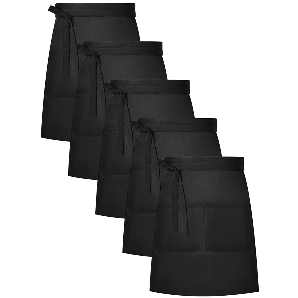 5 Pack Half Bistro Aprons with 2 Pockets Unisex Black Server Apron with Extra Long Front Waist Ties for Men Women
