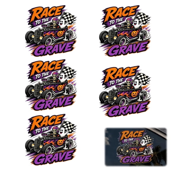 5 Pack Halloween Car Decals - Race to the Grave Hot Rod Skeleton Waterproof Car Window Decals, 7.87" Premium Vinyl Stickers for Car Truck SUV, Cool Halloween Car Accessories for Laptop Toolbox Garage