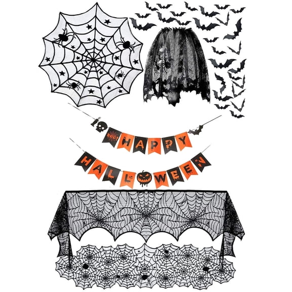 5 Pack Halloween Decorations, Spider Web Tablecloth Lampshade Mantle Scarf Scary 3D Bats for Halloween Party