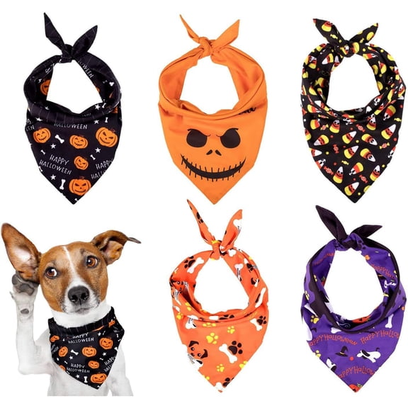5 Pack Halloween Dog Bandanas, Double Reversible Triangle Pet Scarfs for Dogs Cat Halloween Party