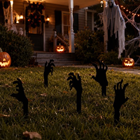5-Pack Halloween Zombie Hand Ground Stakes, 7.87" Black Silhouette Lawn Decor, Spooky Garden Ornament for Front Yard & Porch