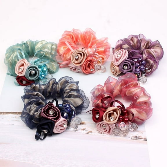 5 Pack Handmade Rose Flower Rhinestone Crystal Pearl Glitter Sparkly Hair Bows Elastics Rubber Bands Bubble Hair Ties Ring Loop Stretchy Hairband Floral Headbands Scrunchies Ponytail Holder for Women