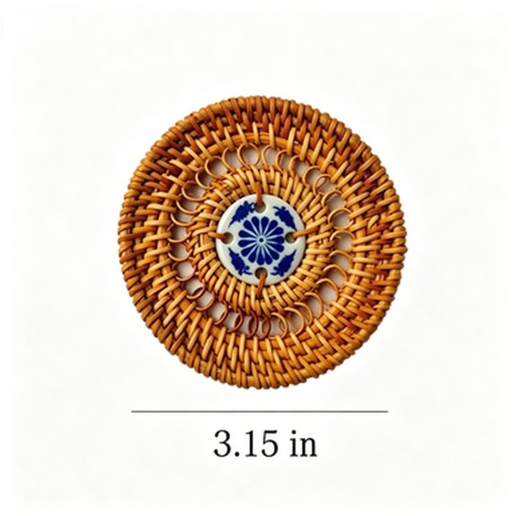 5 Pack Handwoven Natural Rattan Coasters with Blue White Porcelain Center, Round Heat Resistant Cup Mats, 3.15in Decorative Table Coasters for Coffee Mugs, Home Kitchen Decor