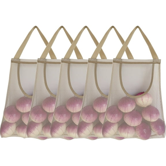 5 Pack Hanging Mesh Storage Bags Onion Storage Onion Bags  Potatoes Bags Mesh Garlic Net Bags Reusable Net Storage Produce Bags for Kitchen Reusable Grocery Bags Top Opening Beige