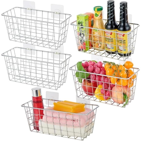5 Pack Hanging Storage Basket, Bathroom Basket, Household Goods, with Traceless Tape, no Drilling, for Cabinet Storage, Kitchen, Bathroom, Storage Room,Chrome