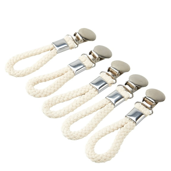 5 Pack Hanging Tea Towels Clip,Metal Kitchen Towels Clips with Hanging Loop Cloth Hook Clip Hangers for Home Kitchen Bathroom Cupboards Cloth Hanger Holder Brackets-Braided Cotton Loop
