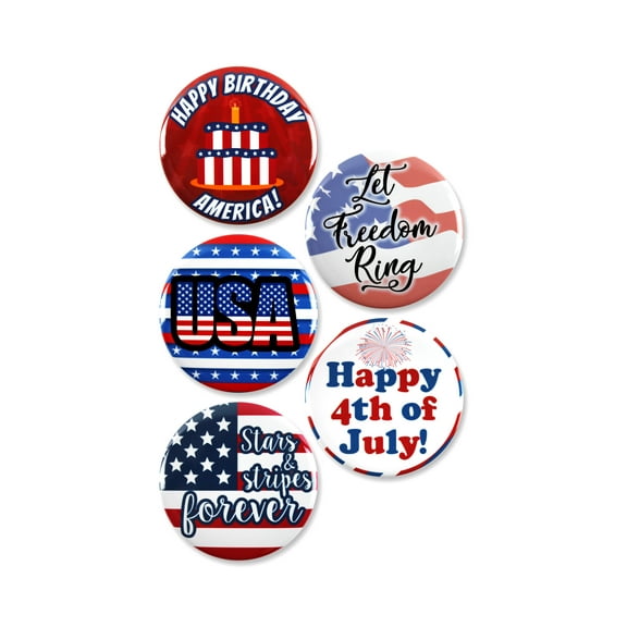 5 Pack - Happy Fourth Of July Patriotic American Pinback Buttons - 2.25 Inch