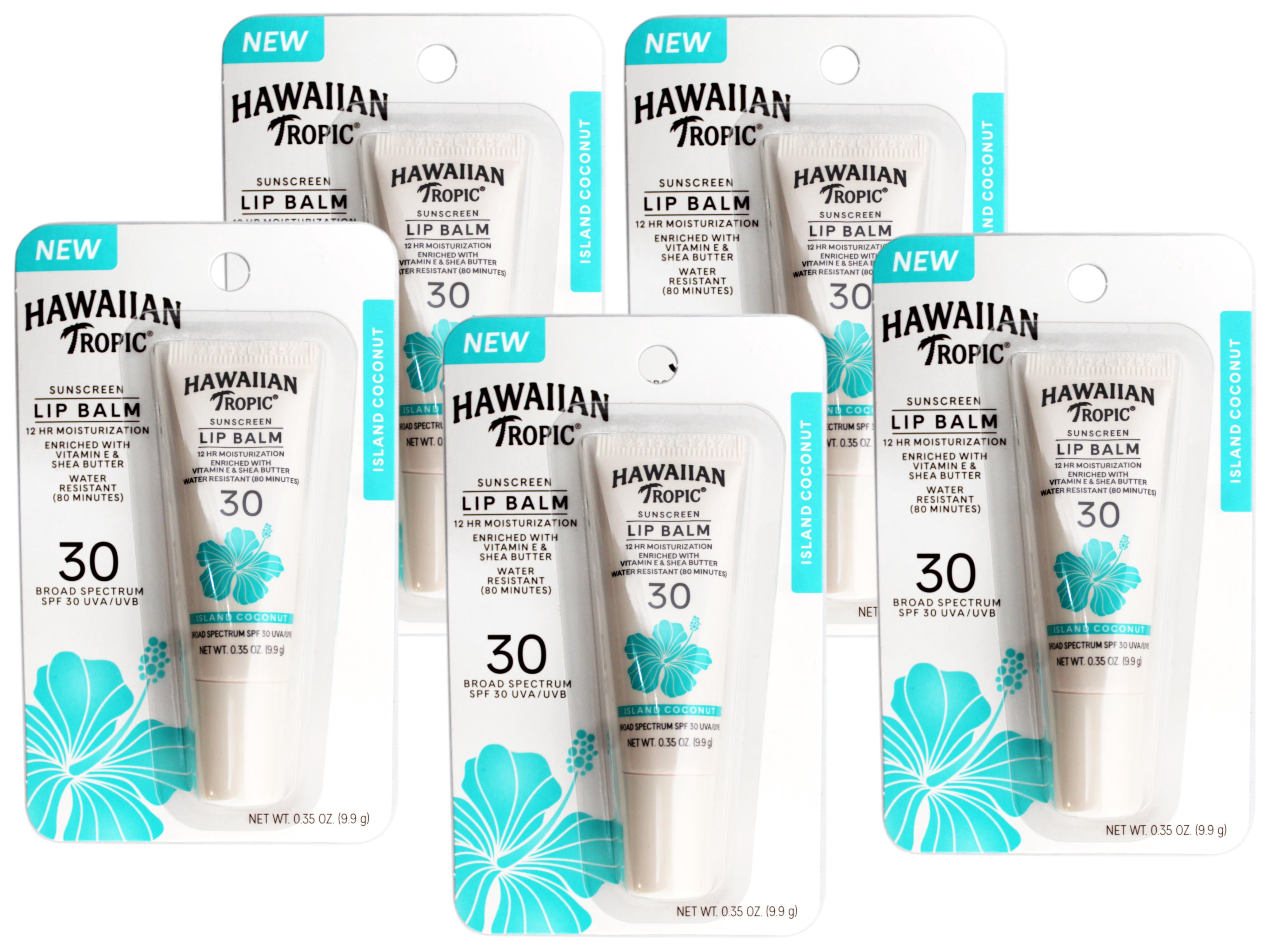 5 Pack - Hawaiian Tropic Sunscreen Lip Balm with Vitamin E & Shea Butter, Water Resistant 80 Minutes, SPF 30, Island Coconut, 0.35 OZ