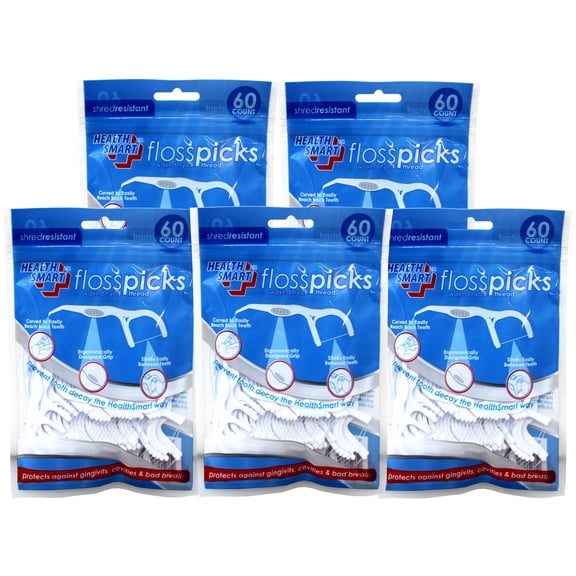 5 Pack - Health Smart Floss Picks, Waxed Nylon Thread, Protects against gingivits, cavities & bad breath, 60 Count