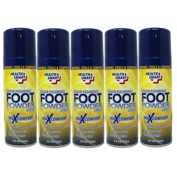 5 Pack - Health Smart Foot Powder Spray – Odor Control & Moisture Absorption, Maxcomfort, All Day Odor Protection – 4.8 oz