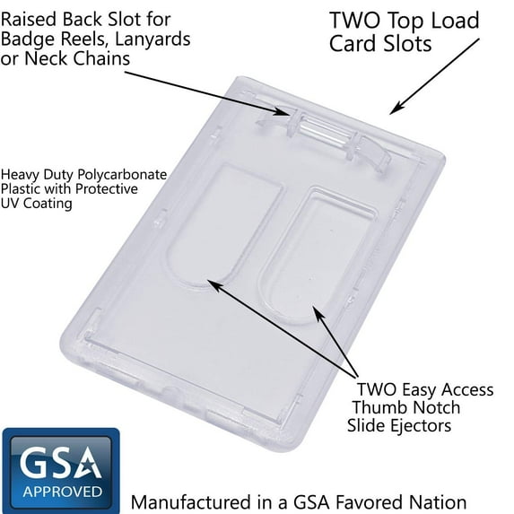 5 Pack - Heavy Duty Dual Sided Badge Holders - Holds 2 Cards - Polycarbonate Vertical - Durable Rigid Clear Hard Plastic Badges - Secure Top Load Sleeve Card Protector Case by Specialist ID