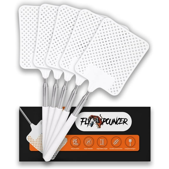 5-Pack Heavy Duty Fly Swatters  Indoor Manual Bug Swatter Set with Long Reach Handle  Stealthy, Durable and Compact Design for Home Use (White)