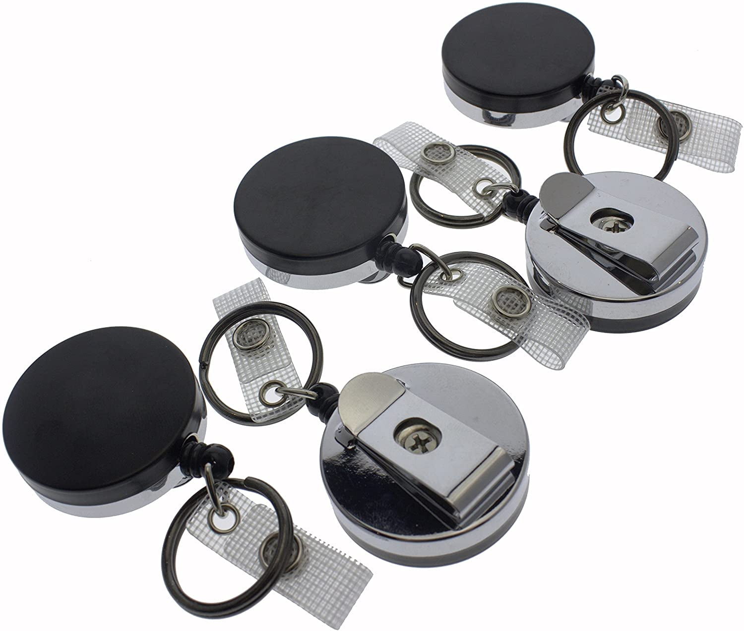5 Pack - Heavy Duty Retractable Badge Reel with Key Ring - All Metal Construction Card & Key Holders with Thick Nylon Cord, Belt Clip, Reinforced ID Strap & Keychain by Specialist ID (Black / Silver)