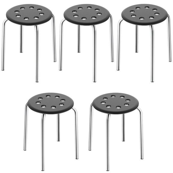 Set of 5 Stackable Plastic Stools with Metal Legs, Round Backless Commercial Stools for Restaurant Bar Cafe Outdoor Indoor Use, Silver