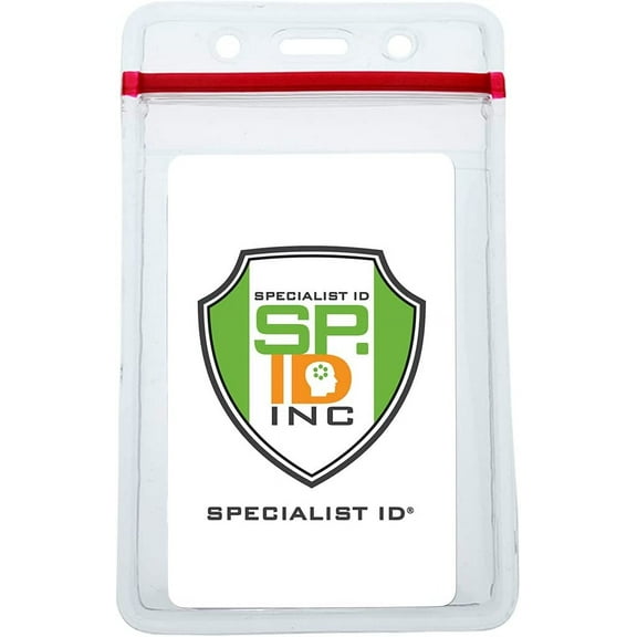 5 Pack - Heavy Duty Vertical Vinyl Badge Holders with Resealable Zip Top Closure - Water Resistant with Red Seal Pouch for Multiple Employee Work Badges, Passes & I'd Cards by Specialist ID