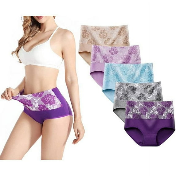 5 Pack High Waist Tummy Control Panties for Women, Cotton Underwear No Muffin Top Shapewear Brief Panties