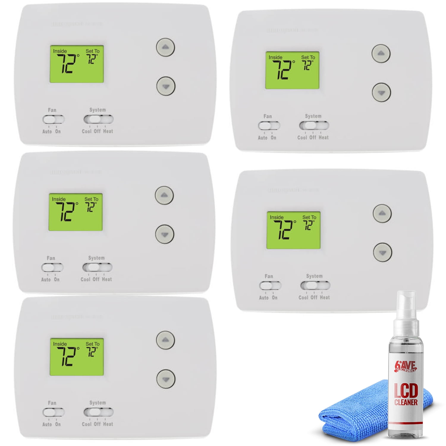 5-Pack Honeywell TH3110D1008 Pro Non-Programmable Digital Thermostat White + LCD Cleaner