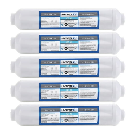 5 Pack - Hydronix ICF-10 Reverse Osmosis Post Polishing, Fridge & Ice Inline Coconut GAC Water Filter, 2000 Gal 1/4" NPT