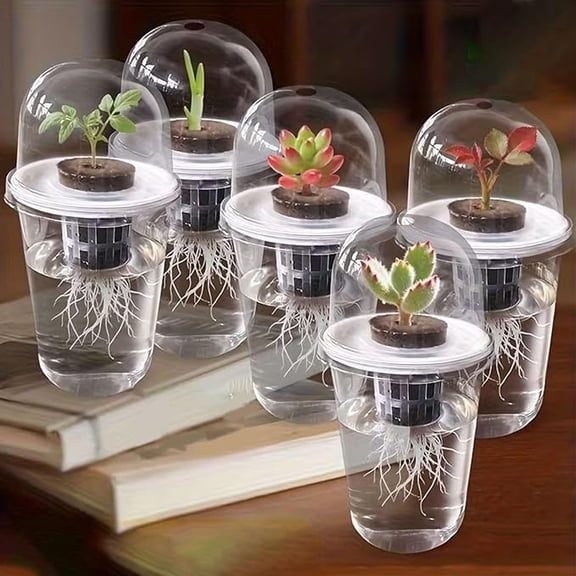 5 Pack Hydroponic Seedling Cup, Plastic Self-Watering Planter with Transparent Humidity Dome, Clear Container for Root Monitoring, Suitable for Growing Vegetables, Succulents