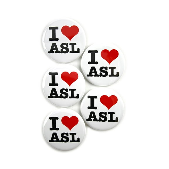5 Pack - I Love 'Heart' ASL - Deaf Pride American Sign Language Pinback Button Badges - 2.25 Inch Round