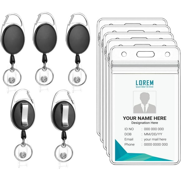 5 Pack ID Badge Holder With Clip Badge Reels Retractable Heavy Duty Clear Id Card Holder Retractable Vertical Lanyard Id Holders with Carabiner Badge Reel