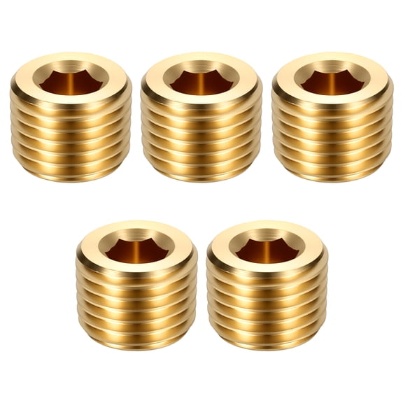 5 Pack Internal Hex Head Socket Pipe Plug Fitting, 1/4" NPT Male Threaded End Cap, Brass Internal Hex Thread Pipe Fittings for Water Pump, Engine, Industrial Piping