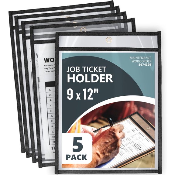 5 Pack Job Ticket Holders 9x12 - Work Order Plastic Sleeves for Documents - Shop Ticket Holders - Heavy Duty Plastic Permit Holder Sleeves - Dry Erase Pocket - Dry Erase Sleeve - Clear Pocket Sleeve