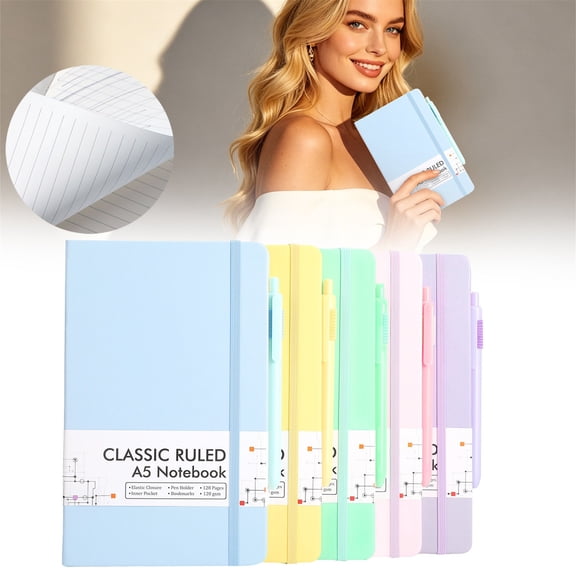 5 Pack Journal Notebook, A5 Lined Journals Notebook for Writing, Classic Ruled Lined Journals with Pen Holder for Work Office Journaling, with 5 Pens, 120 GSM, 64 Sheets/128 Pages, Colorful