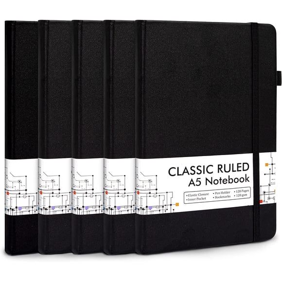5 Pack Journal Notebook Bulk, Feela Hardcover Business Notebooks Classic Ruled Lined Journals with Pen Holder for Work Note Taking, with 5 Black Pens, 120 GSM, 5.1x8.3, A5, Black