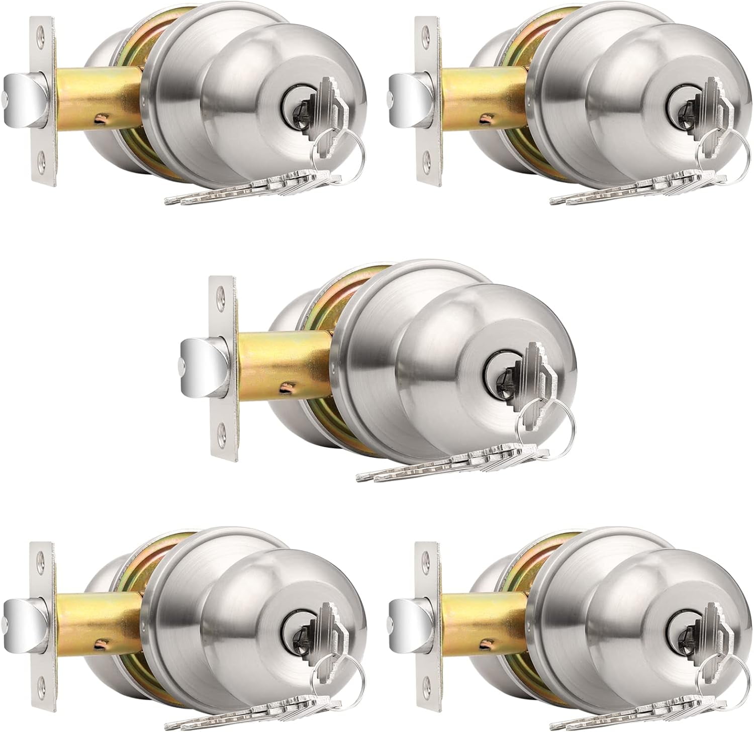(5 Pack Keyed Alike Door Knobs Combo Pack, Brushed Nickel Ball Entry Door Knobs Entrance Lockset, Interior Exterior Single Cylinder Door Lock
