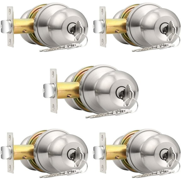 (5 Pack Keyed Alike Door Knobs Combo Pack, Brushed Nickel Ball Entry Door Knobs Entrance Lockset, Interior Exterior Single Cylinder Door Lock