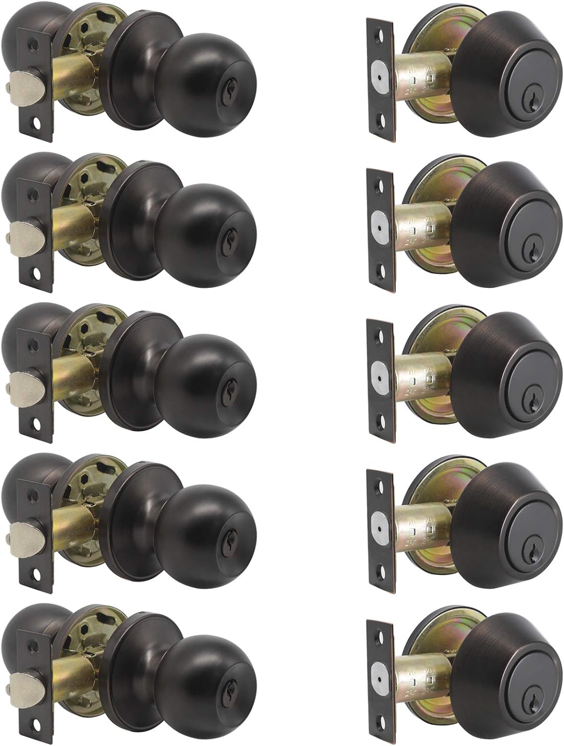 5 Pack Keyed Alike Round Entry Door Knob And Single Cylinder Deadbolt