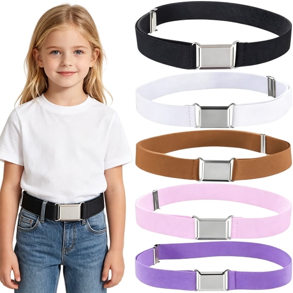 5 Pack Kids Elastic Belt, Adjustable Solid Color Stretch Waist Belts with Flat Silver Metal Buckle, Hole-Free Easy On Children Belts for Boys Girls, Black, White, Camel, Pink, Purple